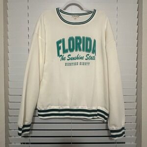 Love Dazed Florida Sunshine State Sweatshirt XL Cream Green Striped Pullover